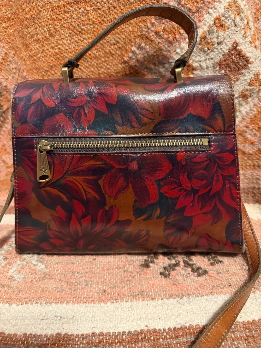 Patricia Nash Leather Chauny Poppy Red Forest Tan Print on All Sides